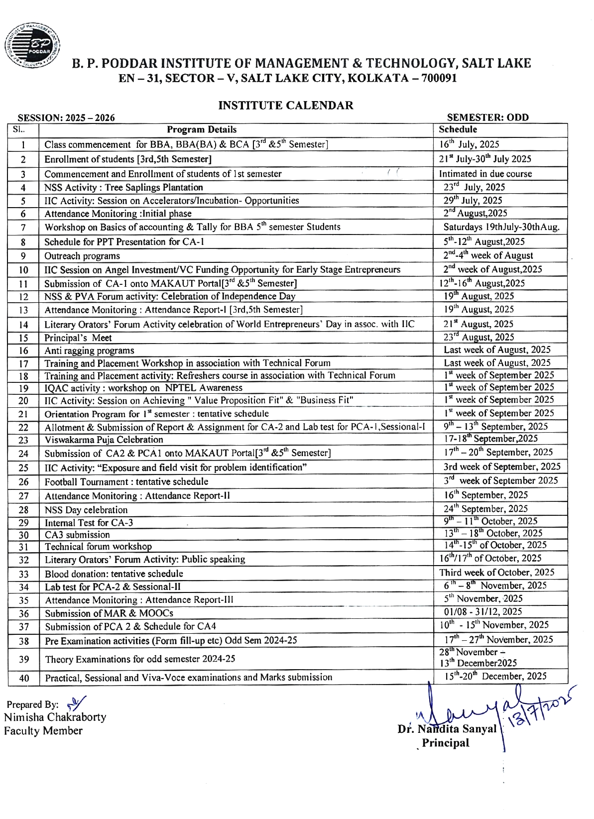 BPPIMT Institutional Academic Calendar 2025-26